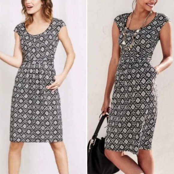 Boden Margot Scoop Neck Cap Sleeve Jersey Black White Print Midi Dress Sz 8L - Picture 10 of 10